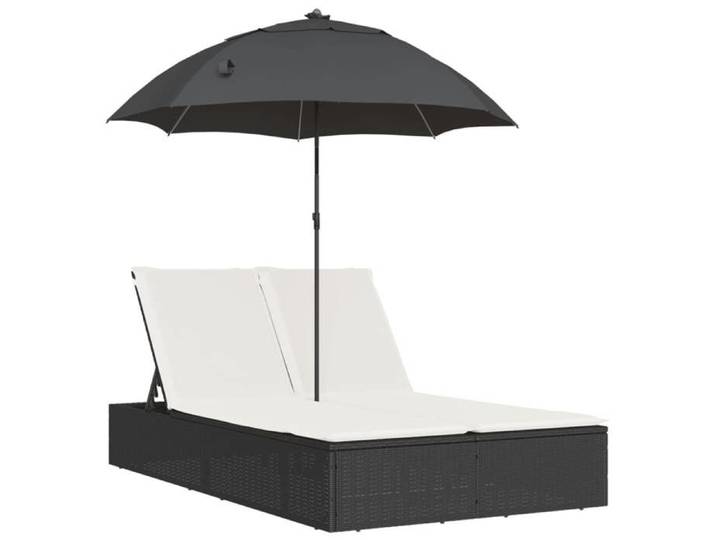 Mode Chaise longue double - PARAJIE - max charge 110kg - Transat 2 personnes - et coussins et parasol noir résine tressée @97849069