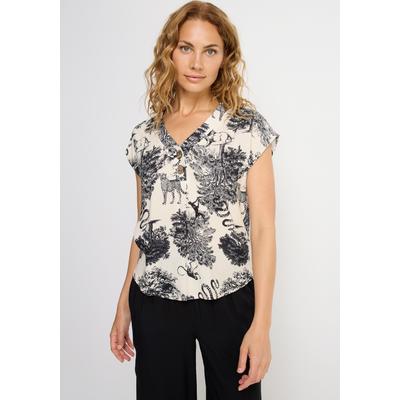 Schlupfbluse LASCANA, Damen, Gr. 36, blau (schwarz, creme bedruckt), Web, Obermaterial: 100% Viskose, bedruckt, figurumspielend hüftlang, V-Ausschnitt, Blusen Schlupfbluse, mit Alloverdruck und Knöpfen, Kurzarmbluse, sommerlich