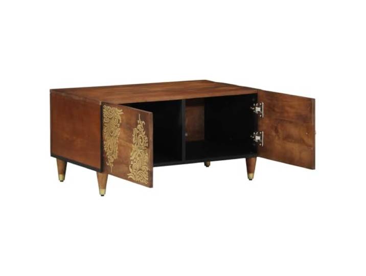 Couchtisch Honig Bronze 80x50x40cm Holz aus Mango Rechteckige Platte, Messingknöpfe, Türaufbewahrung, Massives Mangoholz, mattes Finish, Wohnzimmer