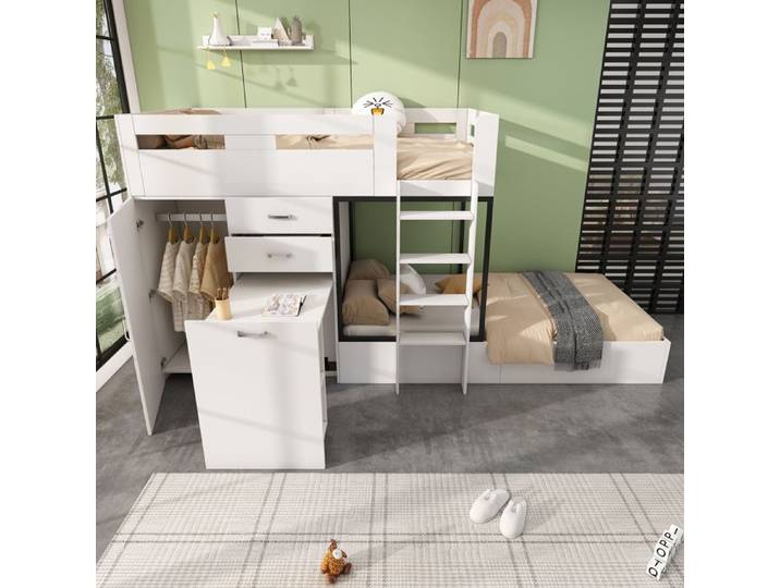 Lit superposé 90x200 cm blanc avec bureau escamotable armoire tiroirs étagères et échelle (sans matelas)