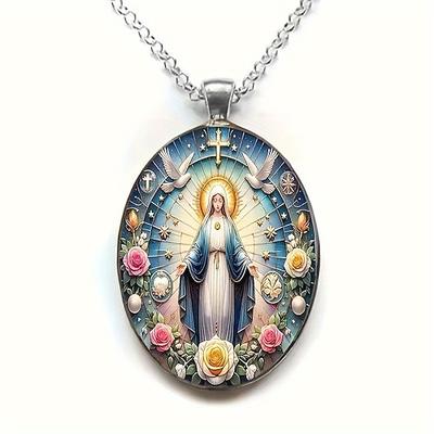 Halskette mit Anhänger der Jungfrau Maria, christliche Medaille mit Tauben, Kreuz und Rosen, spirituelles Schmuckgeschenk für Frauen