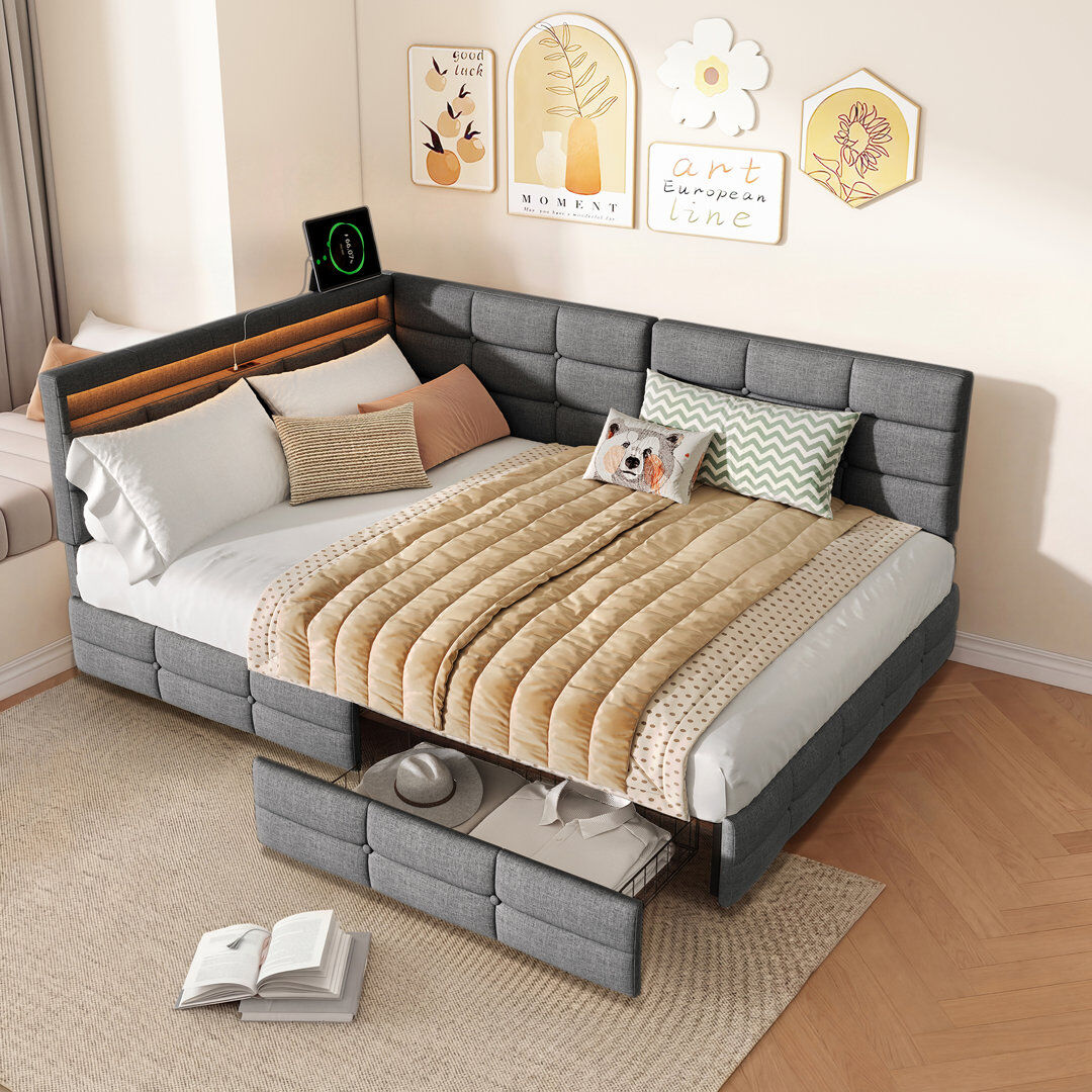 17 Stories Upholstered Daybed with Drawer Storage Grey 140 x 190 cm