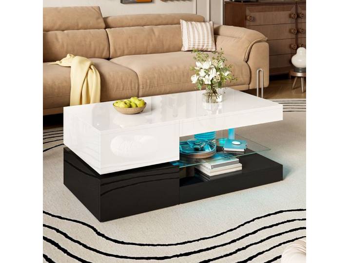 Table basse 90x45x35.5cm - LED contrôle par application et Bluetooth - étagère en verre et surface brillante - Blanc