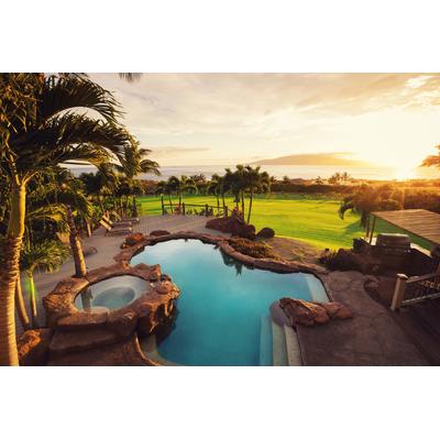 Fototapete PAPERMOON "LUXUS-HAUS-POOL PALMEN WIESE STRAND MEER SONNE INSEL", bunt, B:5m L:2,8m, Vlies, Tapeten