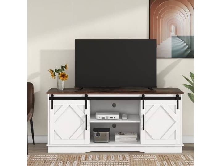 Meuble TV Blanc DRIPEX - 2 Portes Coulissantes Classiques - 6 Compartiments - 150x40x60cm