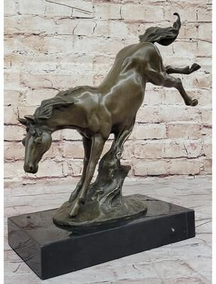Bronzhaus Jumping Wild Horse Mustang Stallion Bronze Sculpture Statue On Marble Base