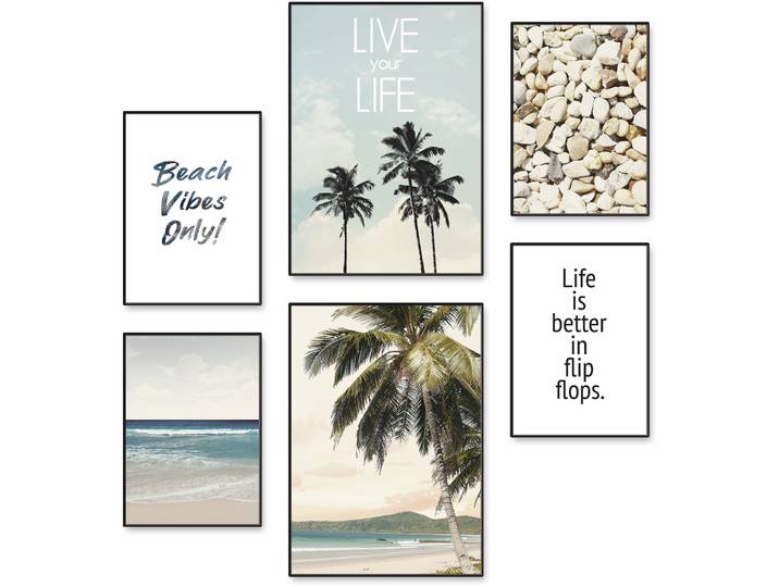Poster ARTLAND Strandleben unter Palmen , beige (farbe bild(er): naturfarben), B:42cm H:29,7cm, Bilder, Poster, Bilder Set, 6tlg. 4xDIN A4 / 2xDIN A3, ohne Rahmen