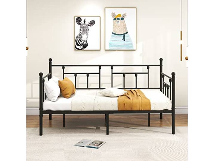 VERFARM Tagesbett Bettgestell 90x200 cm Bett, Einzelbett Schlafsofa mit Lattenrost für Gästezimmer Jugendbett, Metallbett Tagesbett Bettrahmen für Schlafzimmer Wohnzimmer, Schwarz