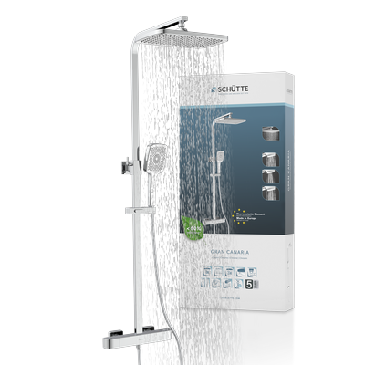Duschsystem SCHÜTTE "GRAN CANARIA", silber (chrom), H:115cm, Edelstahl, Brausegarnituren, Regendusche 30x20 cm, Umsteller, Antikalk, 3 Strahlarten, Thermostat