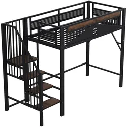 OKWISH Hochbett 90x200 cm Metall mit Sicherheitsleiter, Stauraum unter Stufen und Patchwork-Sicherheitszaun, modernes Loft-Design, Schwarz