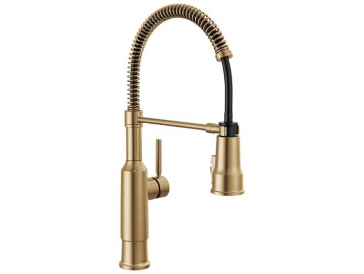 Delta Wasserhahn Theodora Pro, kommerzieller Stil, Küchenarmatur mit herausziehbarem Sprüher, goldfarben, kommerzielle Küchenarmatur, Feder-Küchenarmatur, Delta Küchenspüle, Champagnerbronze,