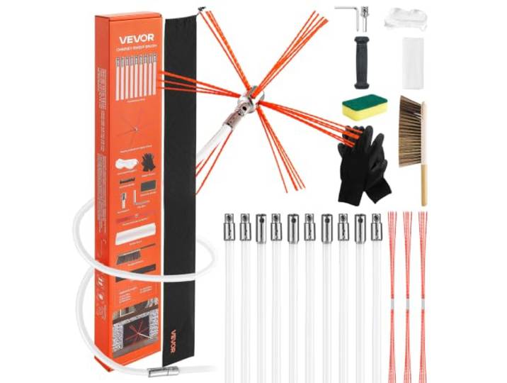 VEVOR Kit de Ramonage 10 m Brosse Ramonage Cheminée Extensible Outil de Nettoyage Flexible 90° pour Conduits de Cheminées Carrées Rectangulaires Arquées\, avec Poils de Rechange\, Lunettes de Protection