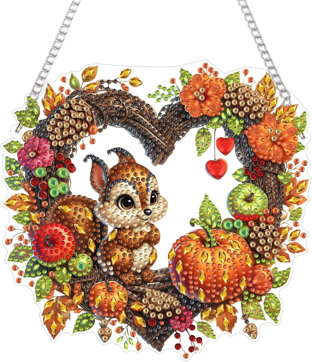 Diamantschilderij hanger met schattige eekhoorn en herfstelementen voor creatieve decoratie
