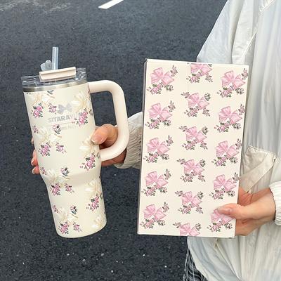 Uplifted Trends Floral Print Stainless Steel Tumbler With Straw Vacuum Insulated Ice Cold Retention Cup white