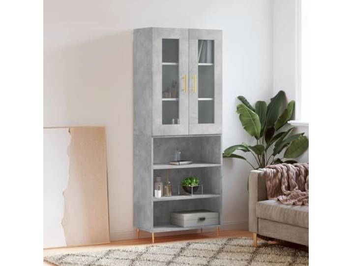 Elegantes Highboard für die Einrichtung aus Holzwerkstoff langlebig in Betongrau mit viel Stauraum, stilvolles Highboard Betongrau für das Wohnzimmer mit Metallfüßen