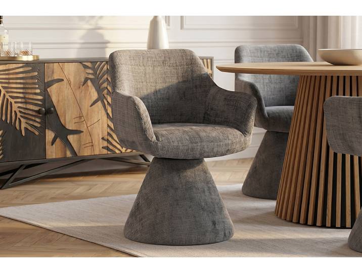 Drehbarer Stuhl AMBIENTO grau Bouclé 180° mit Auto-Return Polsterstuhl Esszimmerstuhl Küchenstuhl Modern & Design