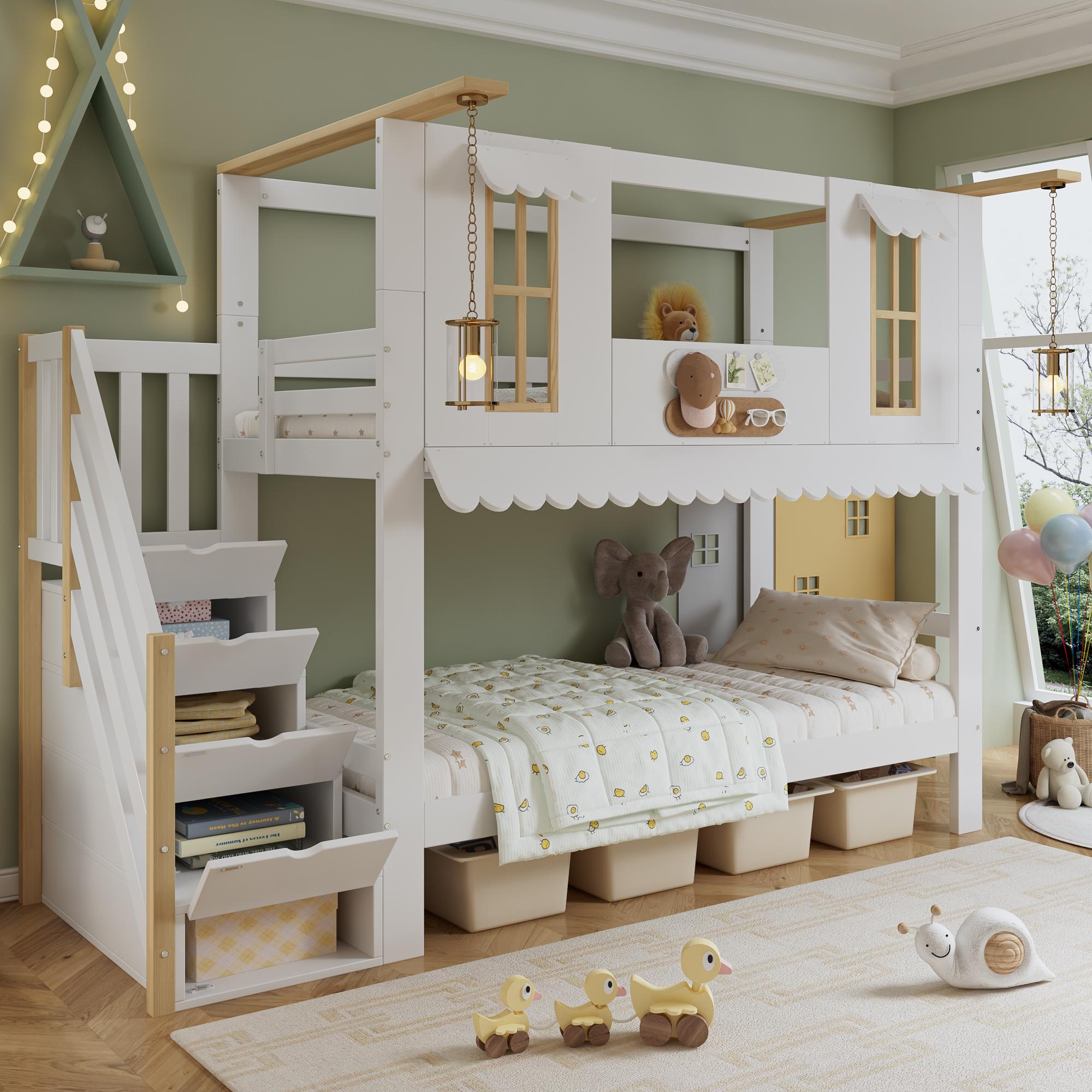 Sweiko Etagenbett, Kinderbett, Aufbewahrungstreppe, Exquisite Fenster, Wellenförmige Dachkante, Mit Zwei Filzstücke zur Dekoration, Aufhängbare Dekorationen, Kiefer + MDF + Sperrholz, Weiß+Natur, 90x200cm