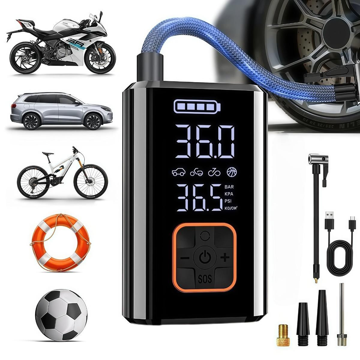 INF Draadloze bandenpomp 80w - Draagbare luchtcompressor 150psi met LED-licht en oplaadbare 3x2000mah accu