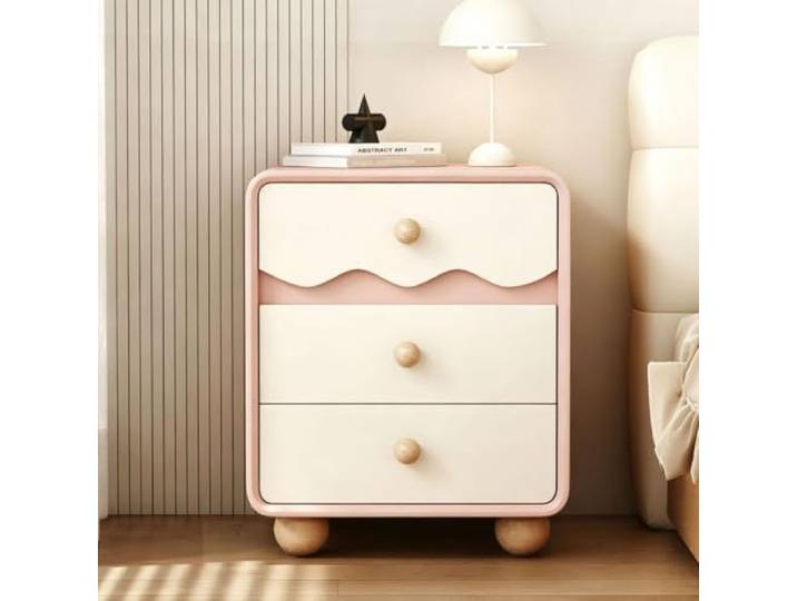Nachttisch aus Holz Dekorativer Beistelltisch 3 Schubladen Niedlich Modern Mit Stauraum Runde Tischbeine Für das Schlafzimmer(Pink,50cm/20in)