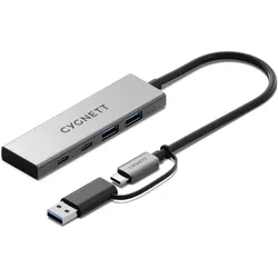 Cygnett CY5389CYHUB (USB-A, USB-C, 4 Ports), Dockingstation + USB Hub, Grau, Schwarz