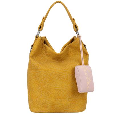 Schultertasche FRITZI AUS PREUSSEN "Ella Hobo", Damen, Gr. B/H/T: 17cm x 37cm x 27cm, gelb, Lederimitat, unifarben, Taschen Schultertasche, mit tollem Anhänger und kerniger Materialstruktur