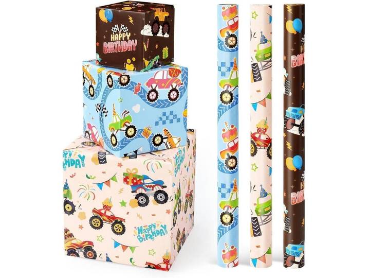Geschenkpapier 3 Rollen Monster Truck Motiv, Mehrfarbig, Papier, 43x43x43 cm, Dekoration, Geschenkartikel, Geschenkbänder & Geschenkpapier