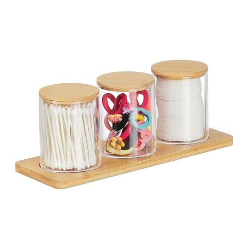 Relaxdays Cosmetica Organizer met Plateau en 3 Potjes, Transparant/Bamboe