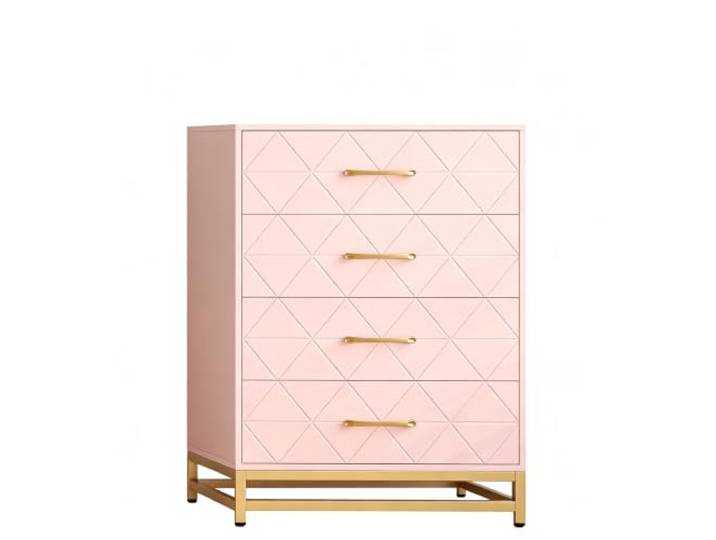 GarveeHome Kommode 4 Schubladen Holz Metallbeine Kippschutz Pink Breite Griffe, Robuste Bauweise, Geräumige Fächer, Pflegeleichte Oberfläche
