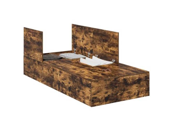 PUGYNBK Bett mit Aufbewahrung, Eiche rauchfarben, 70 x 190 cm Massives Kiefernholz, Tür mit Scharnier, versteckte Aufbewahrung, ideal für kleine Räume