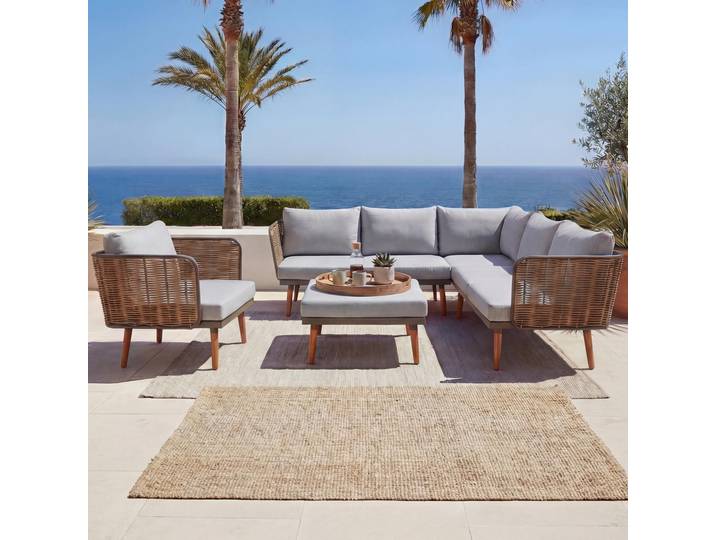 Gartengarnitur HWC-L31, Garnitur Lounge-Set Sofa Outdoor, Spun Poly Metall Poly-Rattan MVG- hellgrau