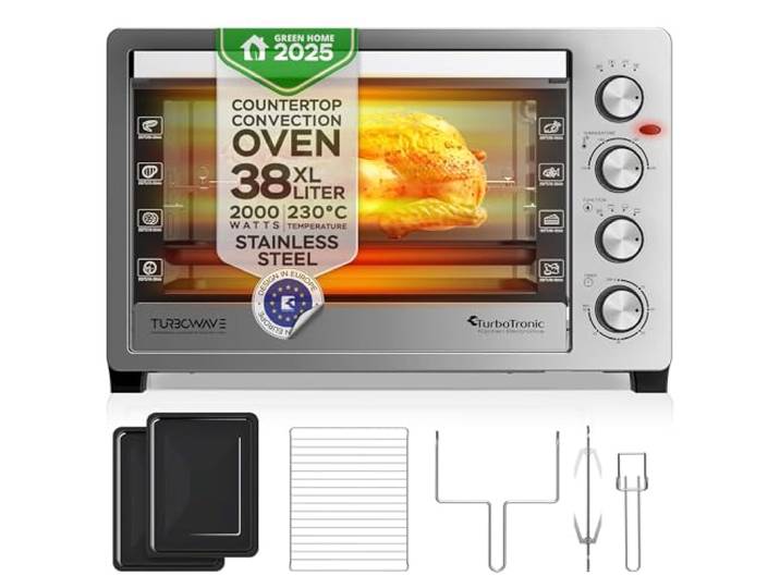 TurboTronic Elektrobacköfen mit Umluft, Grill & Drehspieß 30 L, 38 L & 45 L Edelstahl-Tischbacköfen mit Timer & Doppelglastür für Pizza, Braten, Aufläufe (38L)