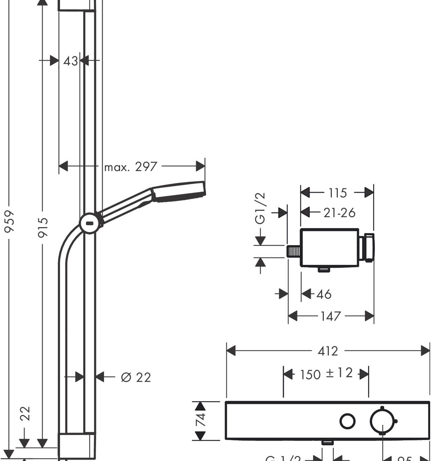 Hansgrohe Pulsify Select S Brausesystem 105 3 Strahlarten Relaxation mit Duschkopf, Thermostat, Duschstange 90 cm, Duschkopfhalterung und Duschschlauc