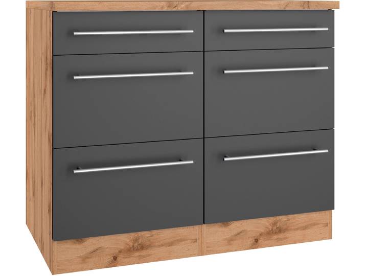 Unterschrank KOCHSTATION KS-Wien , grau (anthrazit, wotaneiche), B:100cm H:85cm T:60cm, Schränke, Unterschrank, edel aussehende gestiftete Fronten