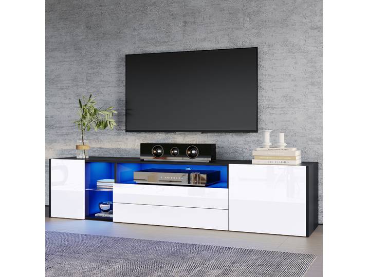 Armoire TV LED haute brillance KOMHTOM 180x40x45 cm - 2 tiroirs 2 placards Armoire à support stable pour téléviseur 75 pouces