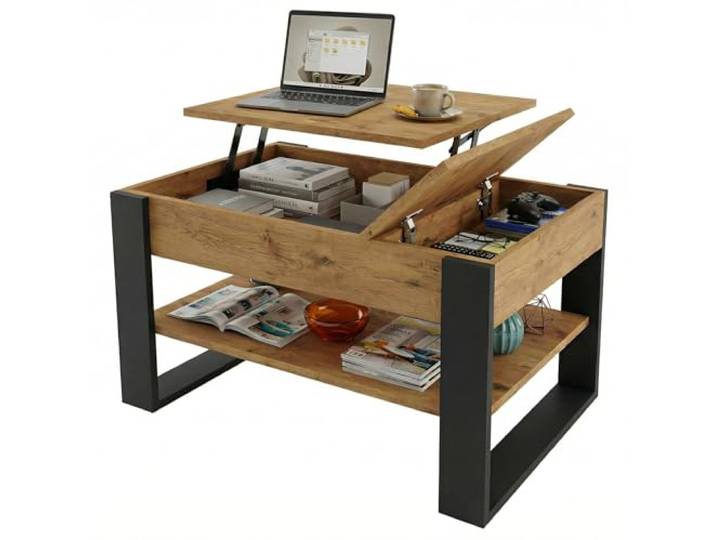 möbelkap Couchtisch mit anhebbarem & ausziehbarem Blatt Höhenverstellbarer Wohnzimmertisch mit Stauraum Sofatisch Eiche Lancelot/Schwarz Modern mit Liftfunktion