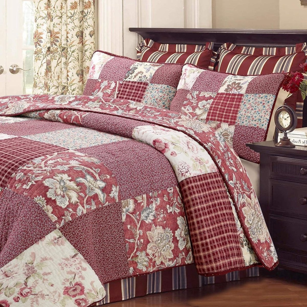 3-delige Patchwork Dekbedset met Sprei en Quilt voor King Size Bed - Rood