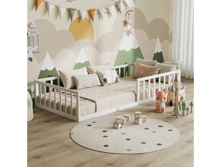 VitaliSpa Bodenbett Minno 90x200, Kinderbett aus Metall, Montessori Bett mit Rausfallschutz, niedrige Einstiegshöhe, Weiß
