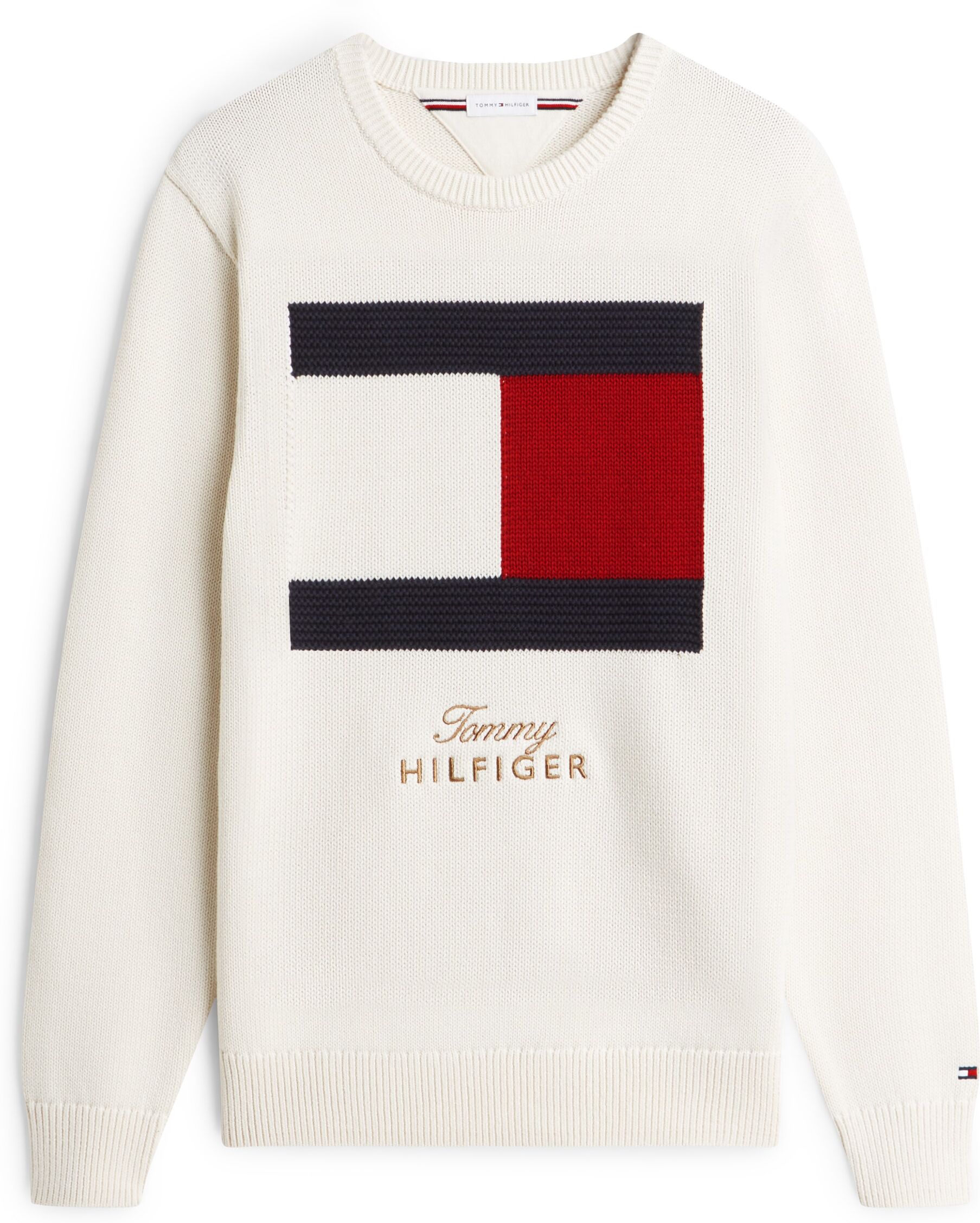 Rundhalspullover TOMMY HILFIGER "GIFTING FLAG CREW NECK", Herren, Gr. S, weiss (ivory petal), Strick, Obermaterial: 100% Baumwolle, normal, Rundhals, Rippbündchen, Pullover Rundhalspullover ivory petal S