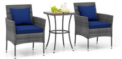 Costway 3 Pieces Patio Furniture Set with Cushioned Patio Chairs and Tempered Glass Coffee Table-Navy