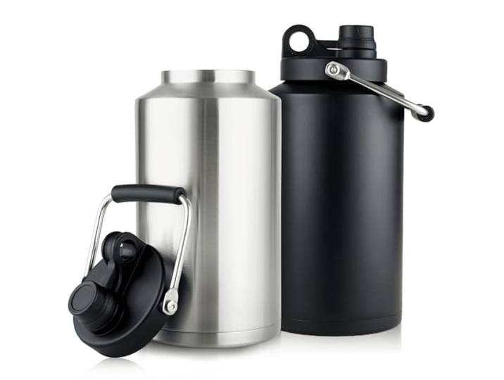 2 Packungen Isolierflasche, 3,5 l, Edelstahl, breite Öffnung, doppelt vakuumfest, spülmaschinenfest, BPA-frei, für heiße und kalte Getränke, Schwarz + Edelstahl
