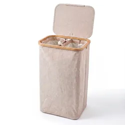 Björn&Schiller Wäschekorb Beige mit Deckel, 105 L, faltbarer Wäschesammler, 2 Fächer, schmal und hoch, Oxford-Gewebe, Bambusrand, platzsparend