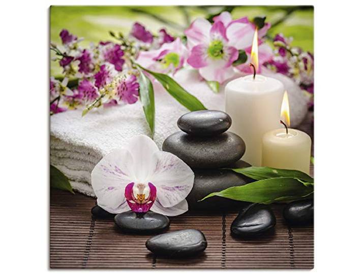 ARTLAND Wanddeko Leinwand Bilder Wandbild 40x40 cm Quadratisch Asien Wellness Zen Steine Spa Orchideen Blüte Kerze Pink Rosa K3AD