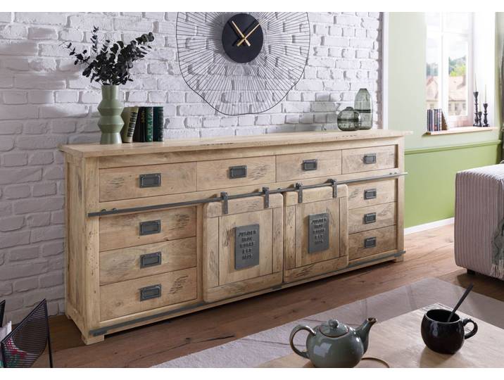 Buffet en bois de manguier 220x45x90, vernis beige, RAILWAY #392