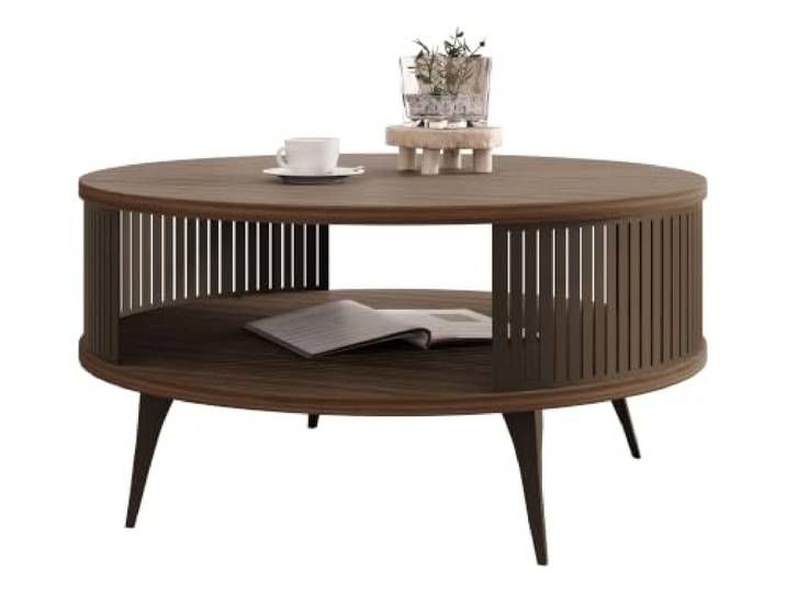 Mirjan24 Couchtisch Rajkon, runde Form (Nuss Franklin Tobacco/Braun) Moderner Wohnzimmertisch mit praktischer Ablage, stabilem Stahlgestell und pflegeleichter Oberfläche