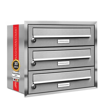 AL Briefkastensysteme 3 Fächer Premium Edelstahl Unterputz Briefkasten Anlage für Post A4, modern, robust, wetterfest, Artikelnummer: 132T3U1