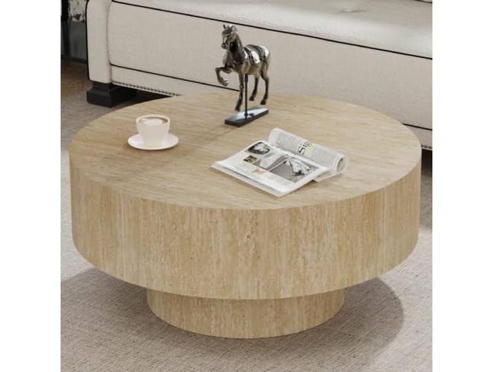 DAXUESEH Moderner Couchtisch Runder Couchtisch Aus Travertinholz 76Cm MDF-Couchtisch Mit Sockel Runder Couchtisch Für Wohnzimmer Wohnung Büro Und Kleine Räume