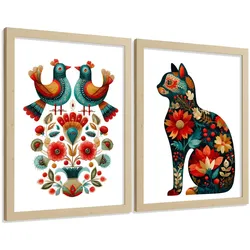 POSTER 2er-Set dekorative Badezimmer-Kunstdrucke, im Stil der Volkskunst für Wand, Toilette mit Vögeln und elegantem Blumen-Katzen Rahmenlos A3