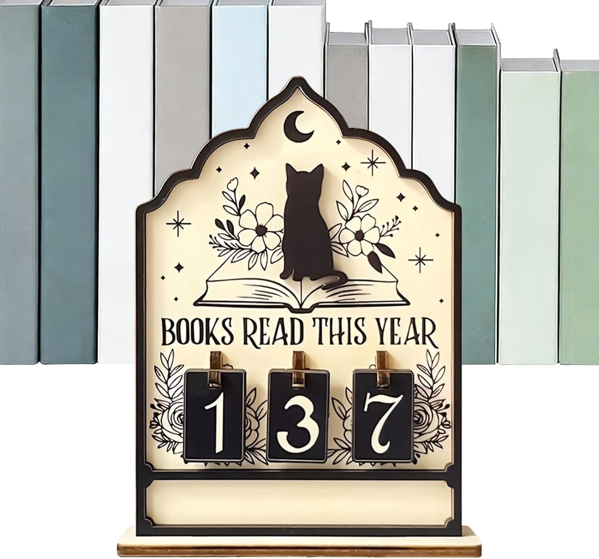 Boekenteller met kattenthema voor het bijhouden van je leesvoortgang tot 999 boeken - Houtkleur