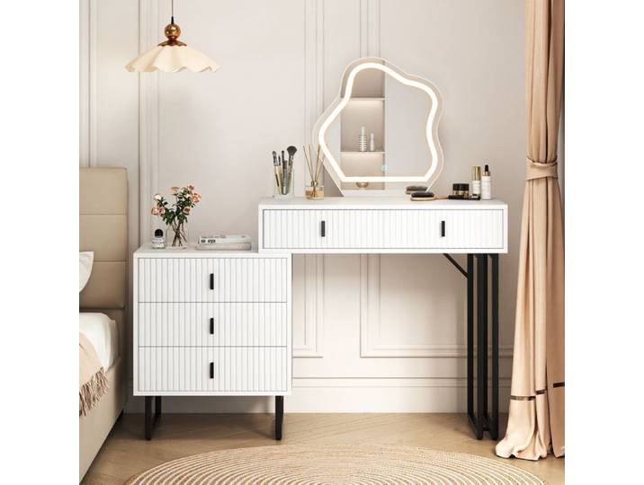 Coiffeuse avec Miroir LED COSTWAY 3 Modes d'Éclairage 5 Tiroirs Table d'Appoint Latérale Finition Cannelée Pieds en Métal