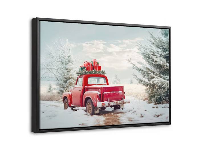 LEINWAND Bilder mit Rahmen - Auto - Rot - Geschenke - Winter - Schnee - Weihnachten - 30x20